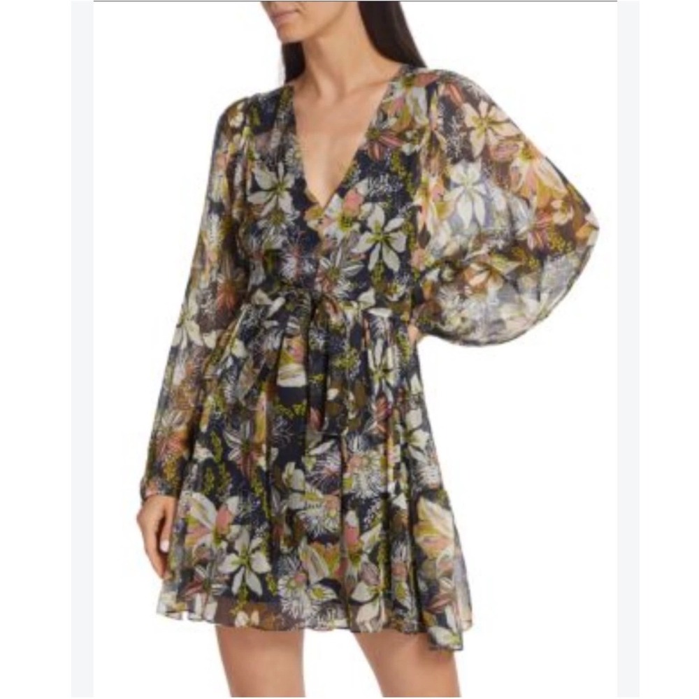 Tanya Taylor Navy Floral Linen Silk V-Neck Mini Dress Long Sleeve XS